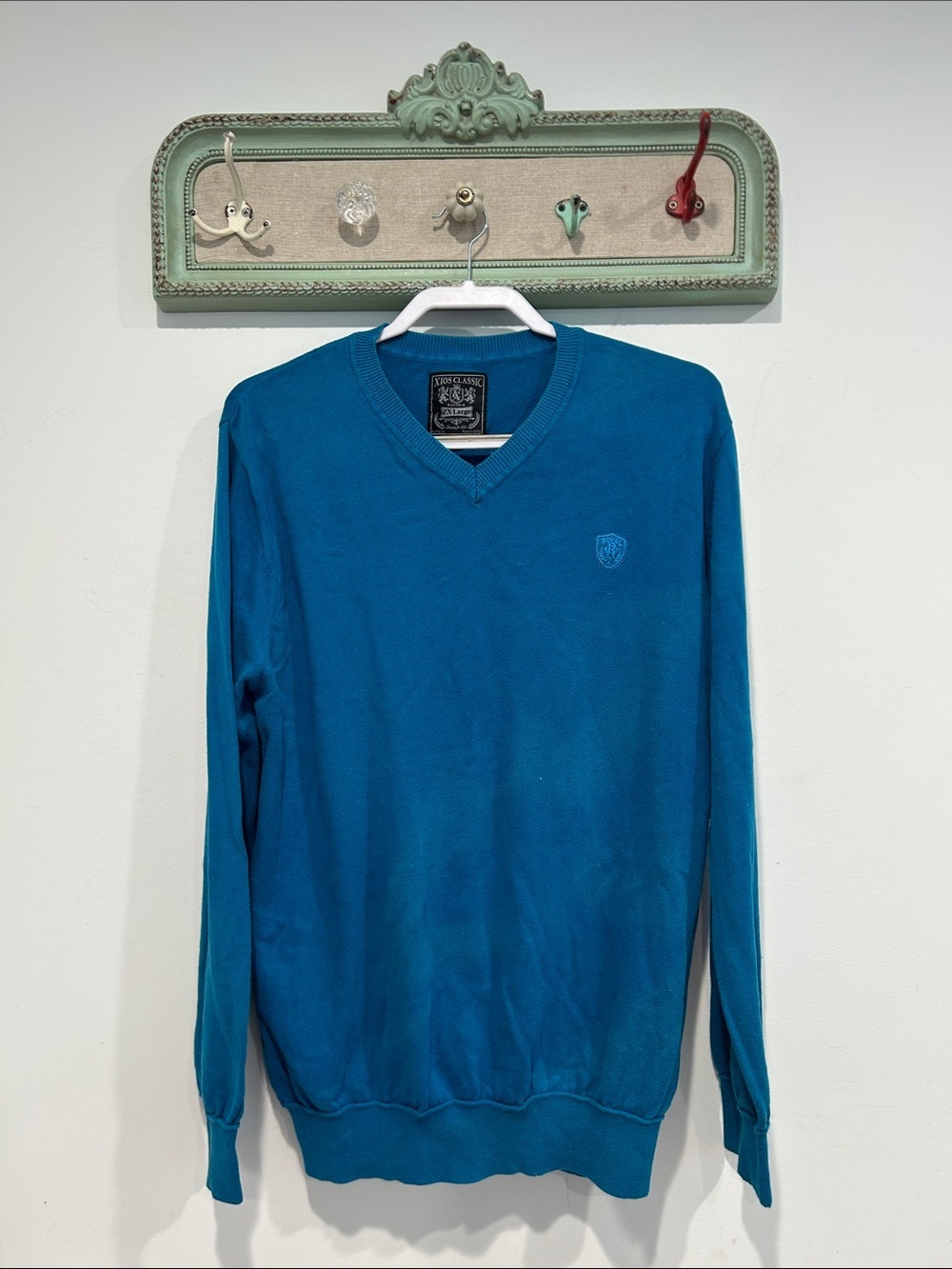 Vintage 90s XIOS Classic Teal Blue V-Neck Men's Sweater XXL long sleeve pullover
